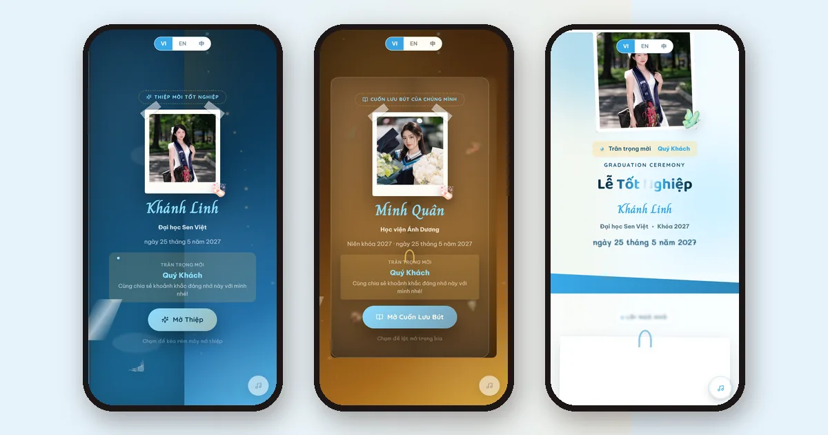 Ba màn hình điện thoại hiển thị mẫu thiệp mời tốt nghiệp online Ước Mơ Xanh và Kỷ Yếu