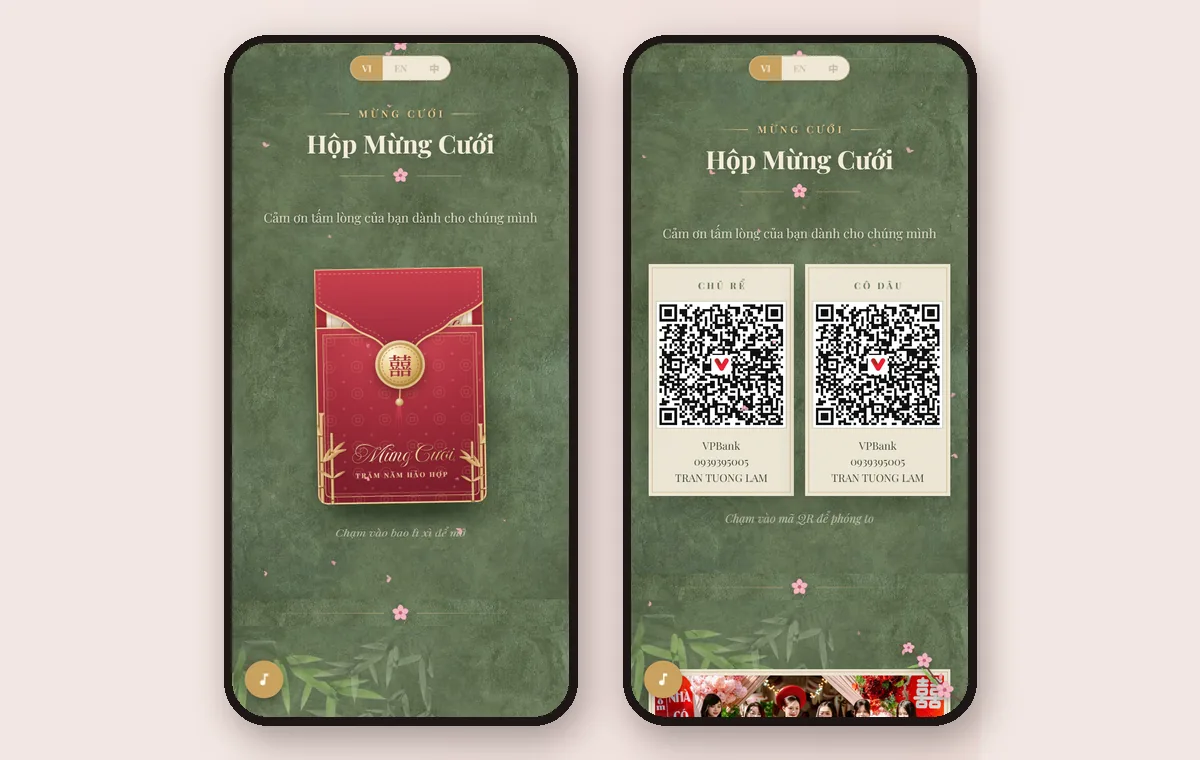 Thiệp cưới online với bao lì xì mừng cưới, bấm vào mở ra mã QR của cô dâu và chú rể
