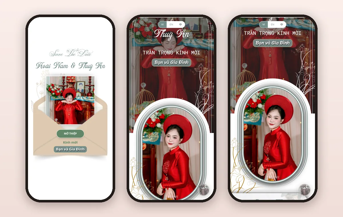 Thiệp cưới online hiển thị ba màn hình liên tiếp trên điện thoại: màn mở thiệp, trang bìa và nội dung