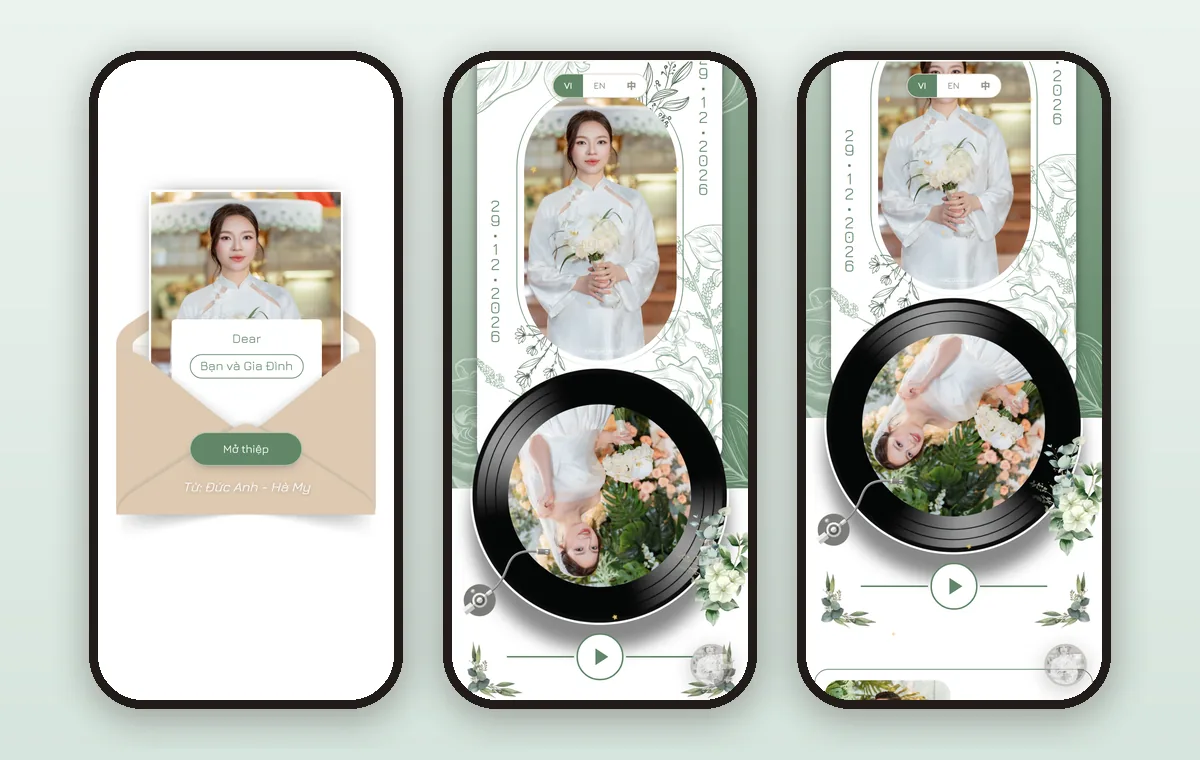 Mẫu thiệp cưới online Thư Mời Xanh hiển thị ba màn hình liên tiếp trên điện thoại