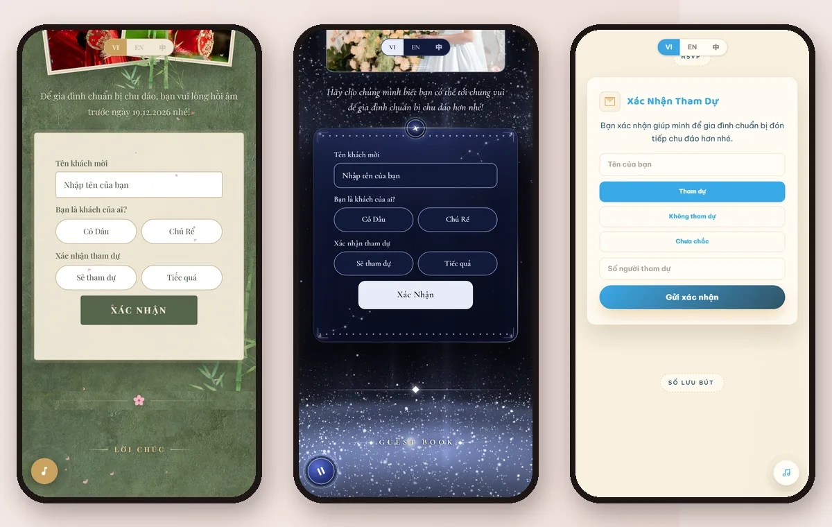 Ba mẫu thiệp cưới online với form xác nhận tham dự: tên khách, khách của ai, có tham dự không và số người